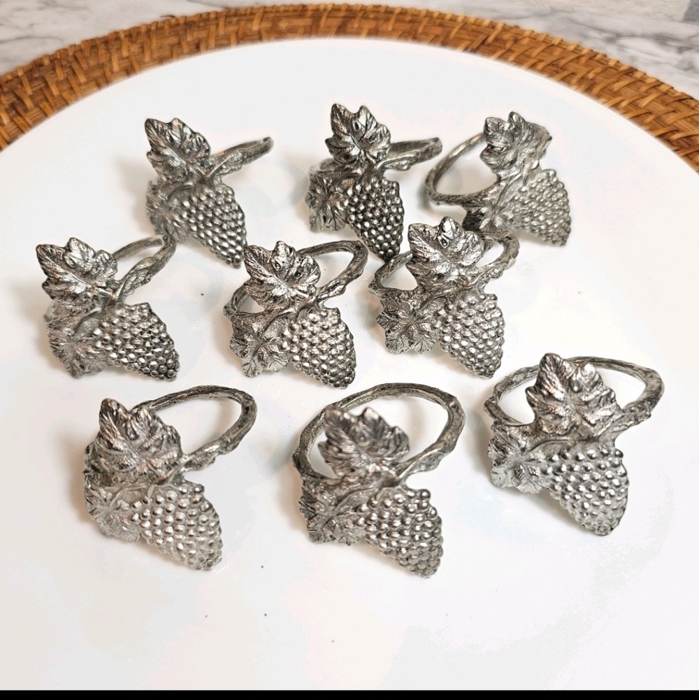 95% STAMPED PEWTER  GRAPE BRANCH LEAF DESIGN NAPKIN RINGS THAILAND, SET OF 8